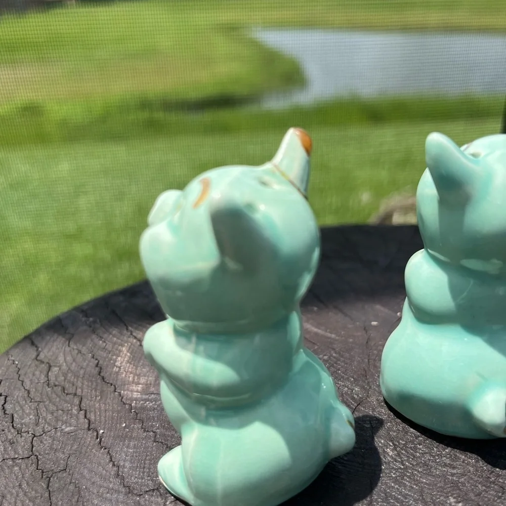 2-Vintage Green Gold Trim Little Pig Salt Shakers - Picture 9 of 12